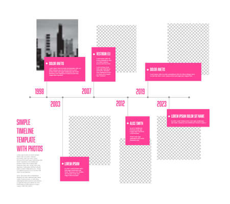 Vector simple infographic horizontal time line template with rectangle photo placeholders. Business company timeline overview profile with photos and pink text blocks. Multipurpose photo timeline infograph or infochart.のイラスト素材
