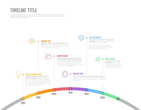 Vector Infographic Company Milestones arc curved Timeline Template. Light thick marker time line template version with icons. Thick Color Timeline with curve, icons and text contentのイラスト素材