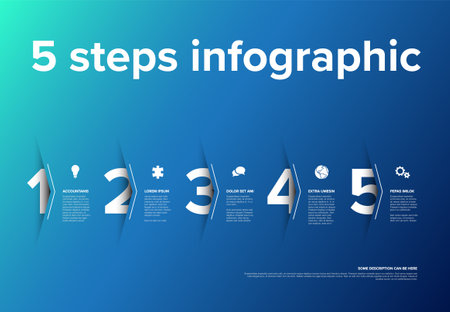 Vector blue five steps progress template with big arrows and numbers with deep shadow cut from the paper, descriptions and icons. Blue version with big white step numbersのイラスト素材