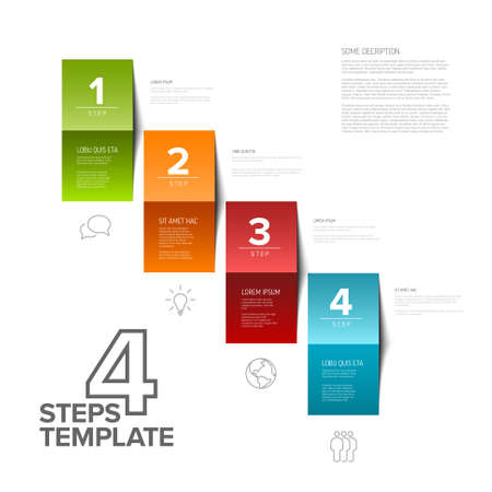 Vector four simple colorful folded paper steps progress template with descriptions and icons. Diagonal set of folded papers as four steps of procedureのイラスト素材