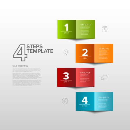 Vector four simple colorful folded paper steps progress template with descriptions and icons. Vertical set of folded papers as four steps of procedureのイラスト素材