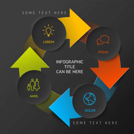 Vector progress cycle steps template with descriptions, icons and circles with arrows - simple infographic on dark gray background and color arrowsのイラスト素材
