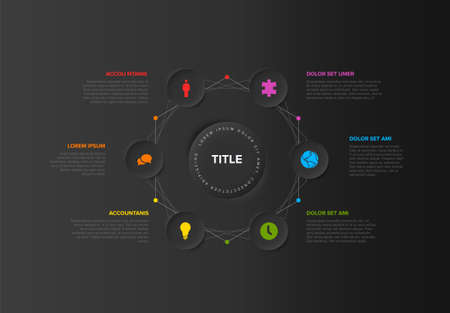 Vector multipurpose Infographic template with title and six elements options around middle circle. Multipurpose Infochart with modern colors. Infographic with relief circles and dark backgroundのイラスト素材