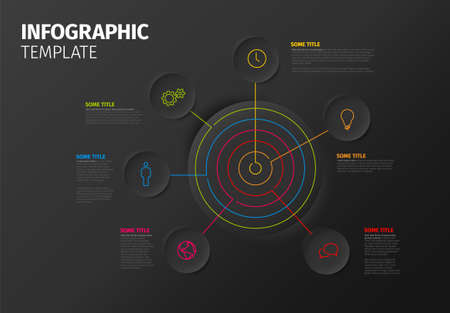 Vector multipurpose Infographic report template made from lines icons with circles target infocahart template with various elements with icons and descriptionon dark backgroundのイラスト素材