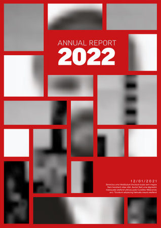 Vector abstract annual report cover template with sample text and abstract masked photo - document or brochure front page with corporate styleのイラスト素材