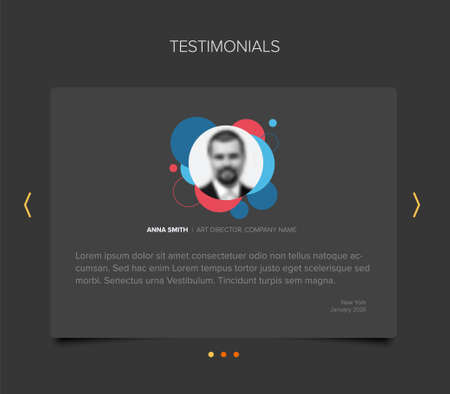 Simple dark gray minimalistic testimonial review card layout template with photo placeholder and sample, message and navigation accordion buttonsのイラスト素材