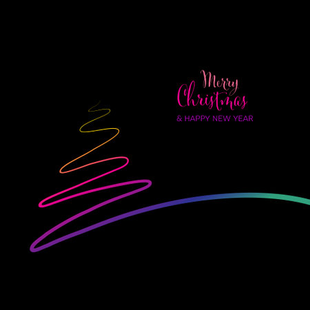 Vector dark modern simple trendy christmas card with abstract minimalistic one line christmas tree made from gradient doodle and minimalistic simple lettering. Colorful trendy happy new year card layout.のイラスト素材