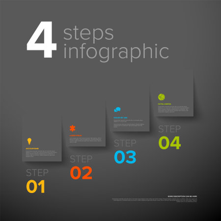 Vector four simple dark gray folded paper steps progress template with descriptions and icons. Diagonal set from folded papers as four steps of procedureのイラスト素材