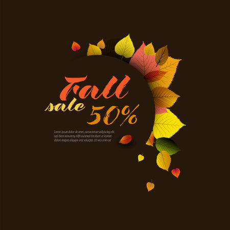 Autumn minimalist dark sale circle label made from leaves with place for your text. Circle fall discount flyer banner social media post status or cover illustrationのイラスト素材