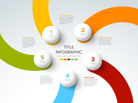 Vector light multipurpose Infographic template made from five color rounded stripes with white spheres as steps chart with numbers descriptions color stripes and legend - white background versionのイラスト素材