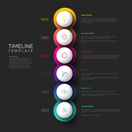 Vector dark vertical Infographic Company Milestones Timeline Template with big white spheres on color gradient background, text placeholders and icons. Simple timeline infographic with spheres.のイラスト素材