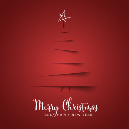 Simple red vector christmas card template with tree made from paper cut stripes. Simple minimalist dark christmas card template made from shadows.のイラスト素材