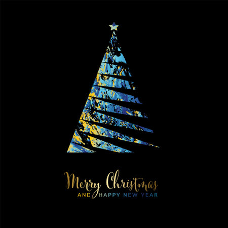 Vector blue and yellow modern simple trendy christmas card with abstract striped triangle christmas tree and minimalistic simple lettering. Fresh color trendy happy new year card layout.のイラスト素材