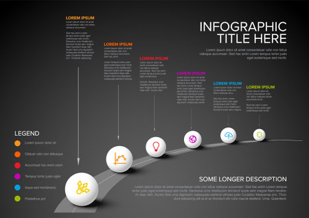 Vector dark Infographic Company Milestones Timeline Template with big spheres and arrow pointers on a curved road line - multipurpose infographic steps timelineのイラスト素材