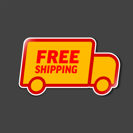 Free delivery shipping label tag sticker element with yellow red car icon and light shadow. Tag element for eshop items.のイラスト素材