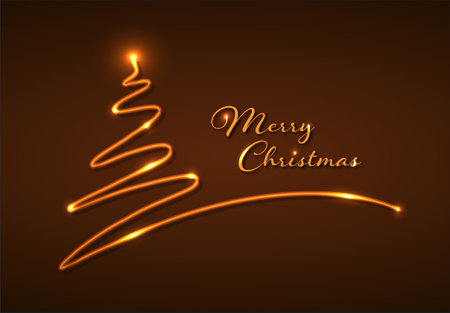 Christmas card with christmas tree made by one stroke from golden neon tube, some lights and place for your text - golden versionのイラスト素材