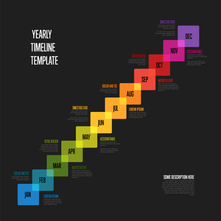 Full year timeline template with all rainbow colored months on a diagonal time line as a big squares in one long row, month names and short descriptions, all on dark gray backgroundのイラスト素材