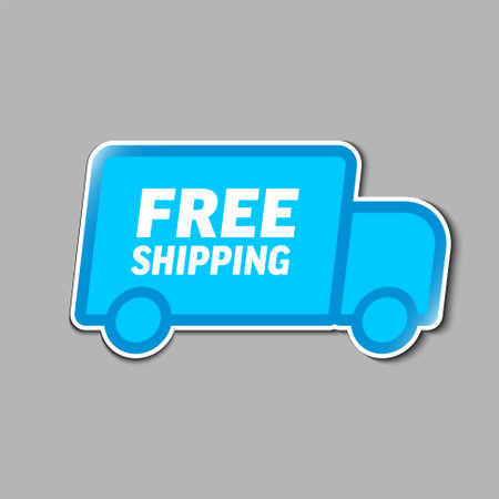 Blue free delivery shipping label tag sticker element with blue car icon and light shadow. Tag element for eshop items.のイラスト素材