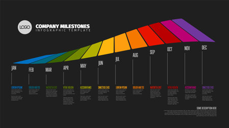 Full year timeline template with all rainbow colored months on a horizontal curved time line as a big stripes in one long row, month names and short descriptions, all on black backgroundのイラスト素材