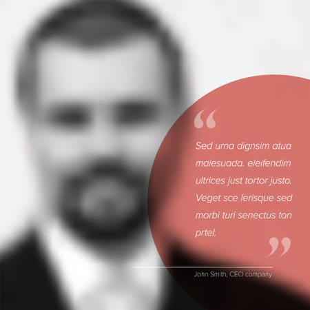 Profile photo with a quote template. Profile quote template for motto, testimonial, review, opinion. Photo quotation layout with portrait photo placeholder and dummy quote text in circle.のイラスト素材
