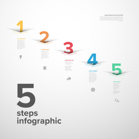 Vector five diagonal steps progress template with big arrows and numbers with shadow cut from the paper, descriptions and icons. Light version with big color step numbersのイラスト素材