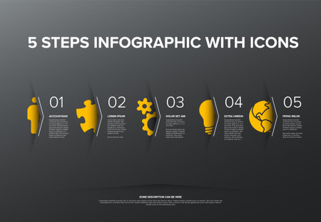 Vector five steps progress or options template with big icons and deep shadow cut from the dark gray paper, descriptions and icons. yellow accent version with big color iconsのイラスト素材