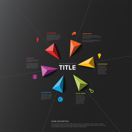 Vector dark multipurpose Infographic template with title and six triangle pointers elements heading to the center with the infographic title. Multipurpose Infochart with modern colors.のイラスト素材