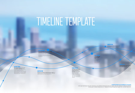 Minimalistic light multiline timeline template with photo placeholder in the background and blue accent. Multi thread timeline template with dots and year milestones and photo in the backgroundのイラスト素材