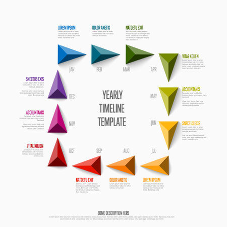 Full year timeline template with all rainbow colored months as triangle pyramid pointers in one big square, month names and short descriptions, all on white backgroundのイラスト素材