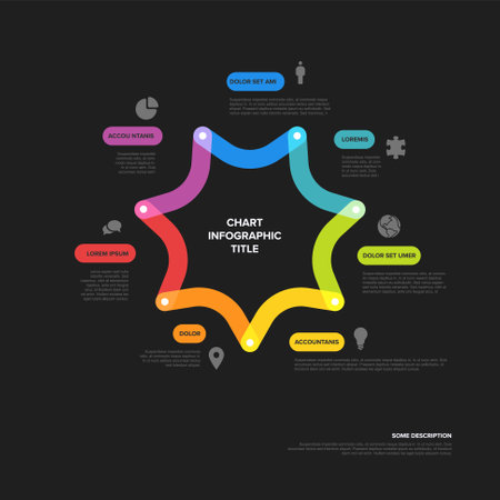 Vector multipurpose Infographic template made from seven curves, icons and short descriptions. Minimalistic infograph layout template with seven elements on a big thick line star on black backgroundのイラスト素材