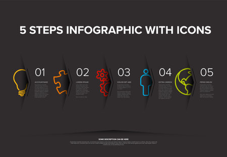 Vector five steps progress or options template with big icons and deep shadow cut from the dark gray paper, descriptions and icons. Version with big thin line color iconsのイラスト素材