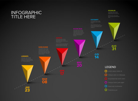Colorful vector infographic timeline report template with six triangle pyramid arrows pointer pins on simple dotted diagonal timeline - dark version with six pinsのイラスト素材