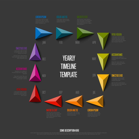 Full year timeline template with all rainbow colored months as triangle pyramid pointers in one big square, month names and short descriptions, all on dark gray backgroundのイラスト素材