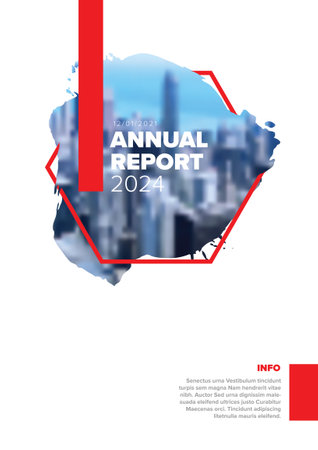 Vector abstract annual report cover template with sample text and abstract masked photo - document or brochure front page with light corporate style and red hexagon shapeのイラスト素材