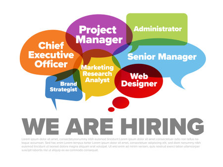 We are hiring minimalistic flyer template - looking for new members of our team hiring a new member colleages to our company organization team - simple motive with speech bubblesのイラスト素材