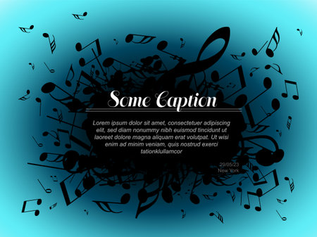 Abstract music concert banner header template with place for various text content. Social media music frame with white notes, blue dark border and big place for your contentのイラスト素材