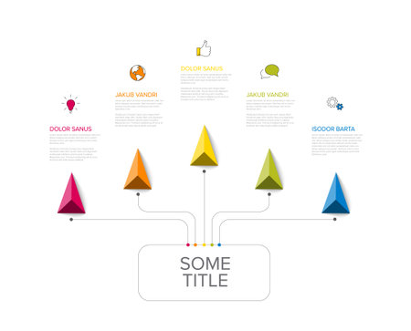Vector light multipurpose Infographic template with title and five smaller elements options. Multipurpose Infochart with modern colors lines icons and pyramid triangle arrows.のイラスト素材