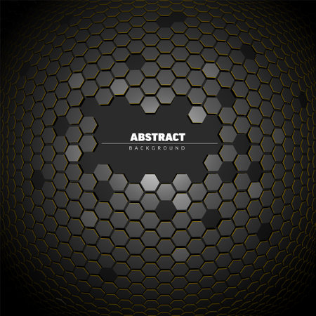 Abstract dark gray background made from hexagons with place for your text. Modern background gradient from made from gray hexagons on a big sphere with yellow accentのイラスト素材