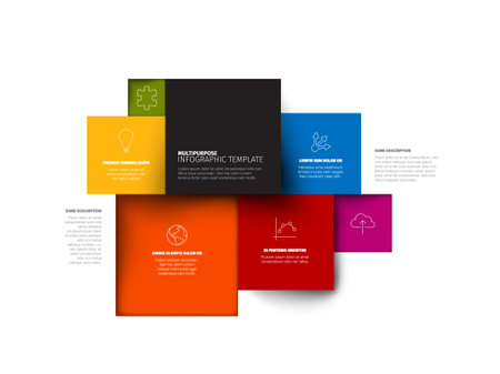 Vector Minimalist colorful mosaic Infographic report template with square blocks with one big block containing the infographic title. Colorful infochart with eight elementsのイラスト素材