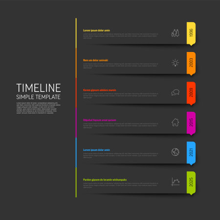 Vector dark simple infographic vertical time line template with rectangle placeholders. Business company timeline overview profile with icons and text blocks. Multipurpose timeline infograph or infochart.のイラスト素材
