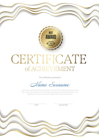 Modern art certificate of achievement template with place for your content - vertical premium golden luxury style version. Artistic certificate diploma template.のイラスト素材