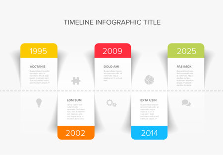 Vector simple infographic horizontal time line template with rectangle placeholders. Business company timeline overview profile with icons and text blocks. Multipurpose timeline infograph or infochart.のイラスト素材