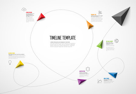Vector Infographic timeline report template with color pyramid triangle arrow showin the direction, icons and simple content. Dotted black timeline template with arrows, icons and short descriptionsのイラスト素材