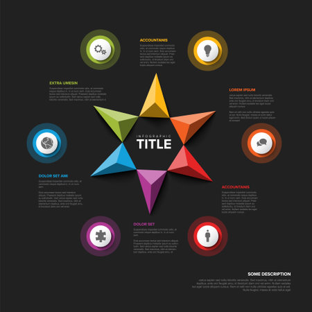 Vector multipurpose Infographic template with title and six elements options and modern colors on a black background with icons and big pyramid triangle arrowsのイラスト素材