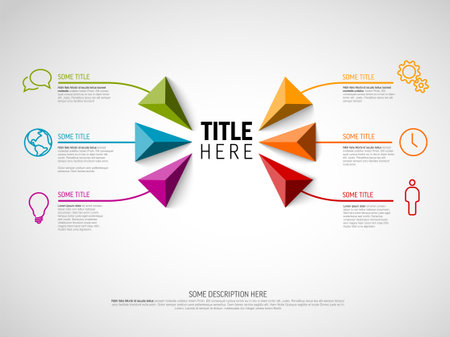 Vector Infographic diagram template made from six elements with lines and icons - infochart title in the middle with smaller elements with descriptions big triangle pyramid arrows and iconsのイラスト素材