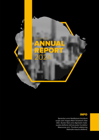 Vector abstract annual report cover template with sample text and abstract masked photo - document or brochure front page with black corporate style and yellow hexagon shapeのイラスト素材