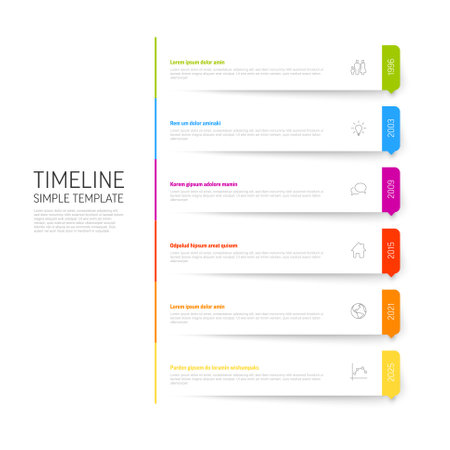 Vector simple infographic vertical time line template with rectangle side placeholders. Business company timeline overview profile with icons and text blocks. Multipurpose timeline infograph or infochart.のイラスト素材