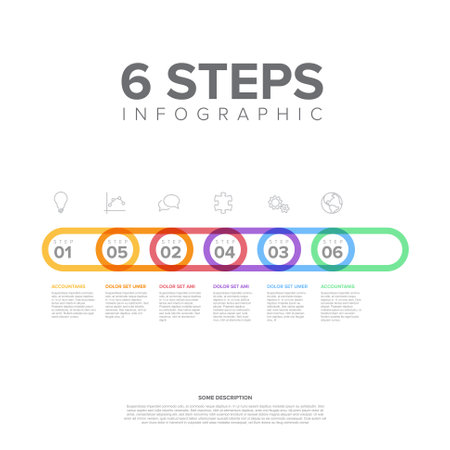Six vector rounded horizontal progress steps template with numbers, icons and descriptions. Simple minimalistic progress procedure schema template with six pastel steps elements on white backgroundのイラスト素材
