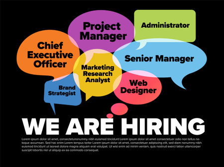We are hiring minimalistic flyer template - looking for new members of our team hiring a new member colleagues to our company organization team - simple dark motive with speech bubblesのイラスト素材