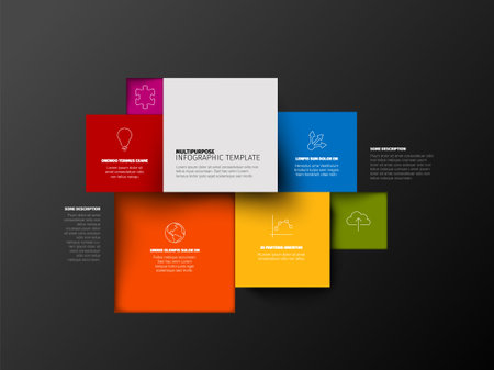 Vector Minimalist colorful mosaic Infographic report template with square blocks with one big block containing the infographic title. Colorful infochart with eight elements on black backgroundのイラスト素材